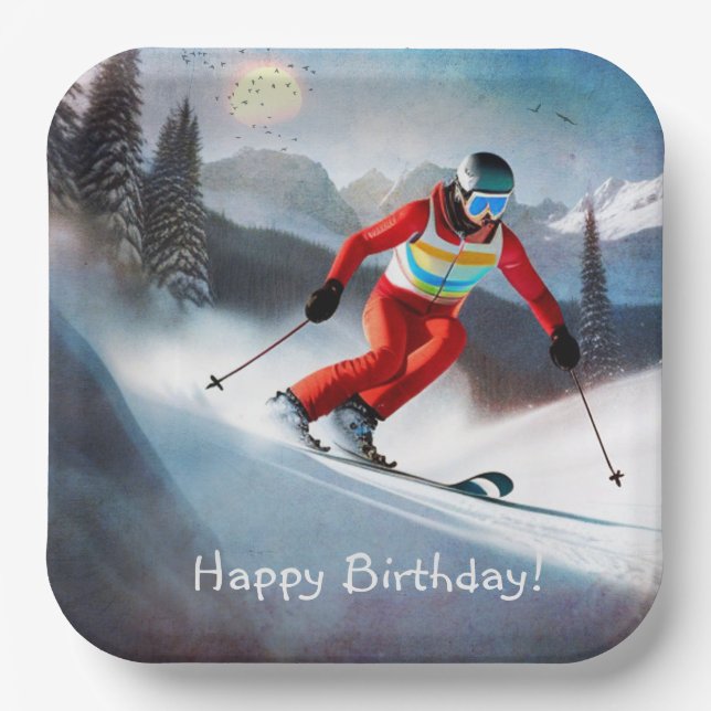 Snow Skiing Birthday Paper Plate (Front)