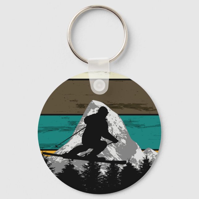 Snow Skiing Mountain Slopes Retro Silhouette Man Keychain (Front)
