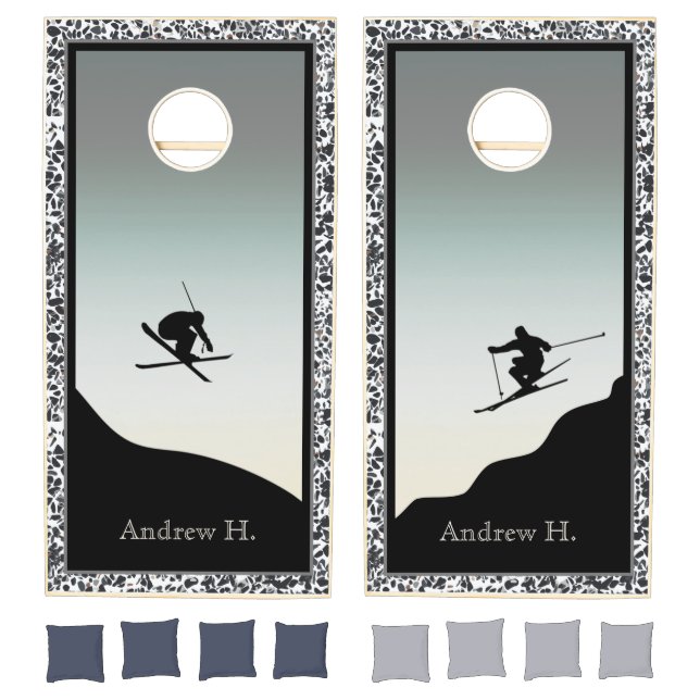 Snow Skiing Pebble Black White Cornhole Set (Set)
