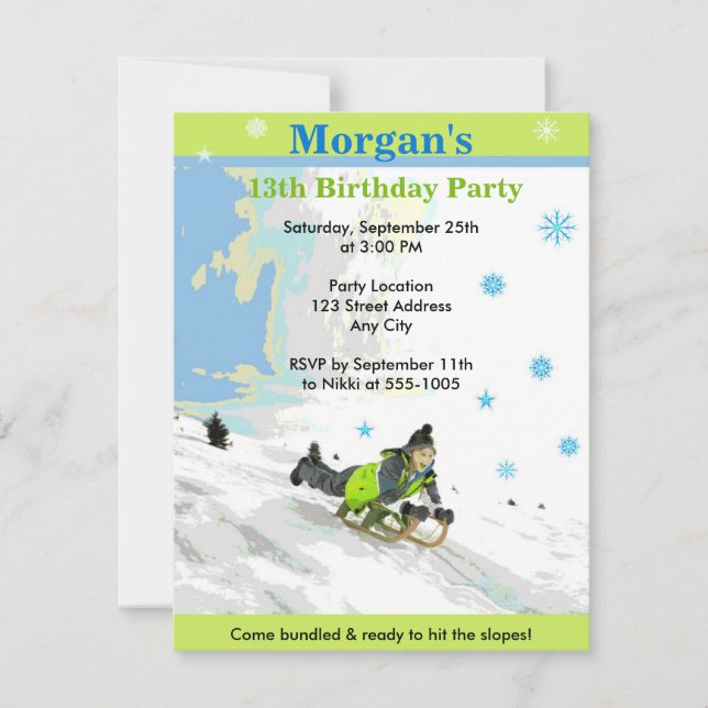 Snow Sledding Birthday Party Invite (Front)