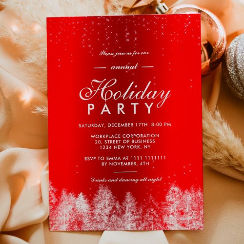 Snow sparkle red metallic winter corporate holiday invitation