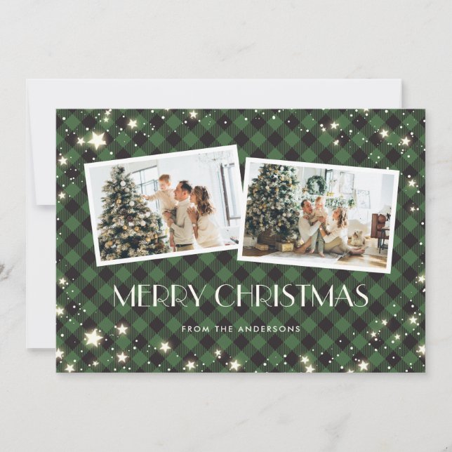 Snow Stars Green Plaid Photo Merry Christmas Holiday Card (Front)