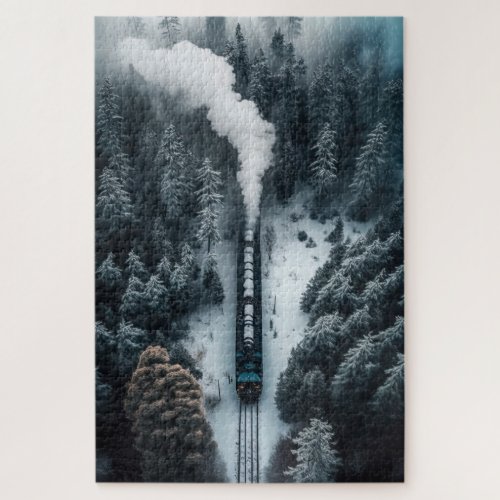 Snow Steam Locomotive on a viaduct nature puzzle