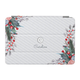 Snow Striped Red And White Monogram Winter Foliage iPad Mini Cover