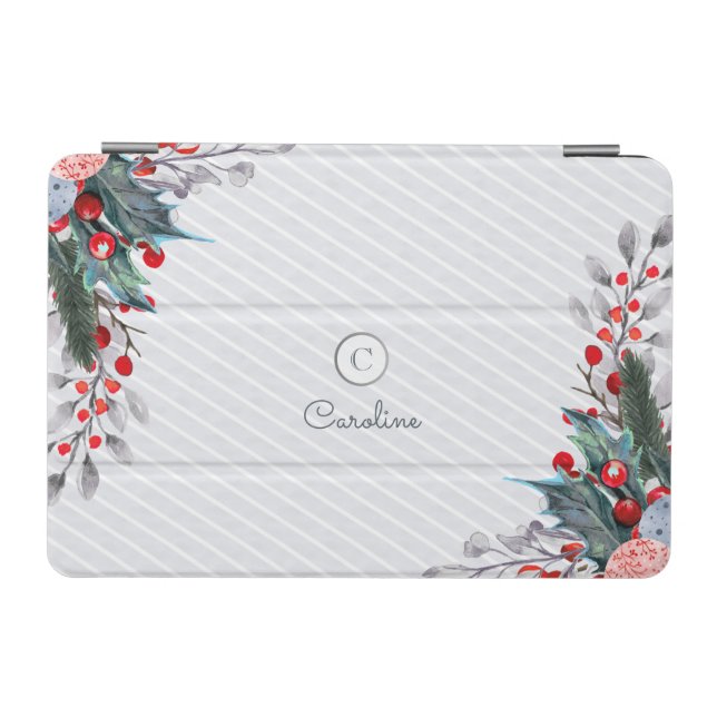 Snow Striped Red And White Monogram Winter Foliage iPad Mini Cover (Horizontal)