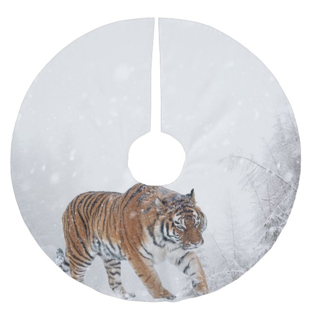 Snow Tiger Winter Woodland Snowy Trees Forest Cat Brushed Polyester Tree Skirt (Front)