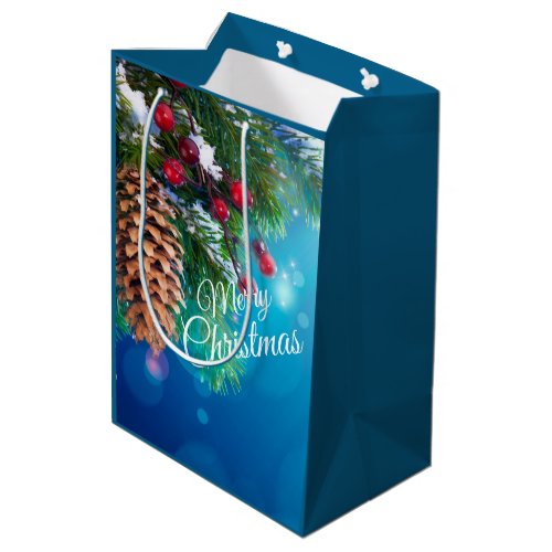 Snow Tipped Pine Branch Red Berries Pine Cone Medium Gift Bag