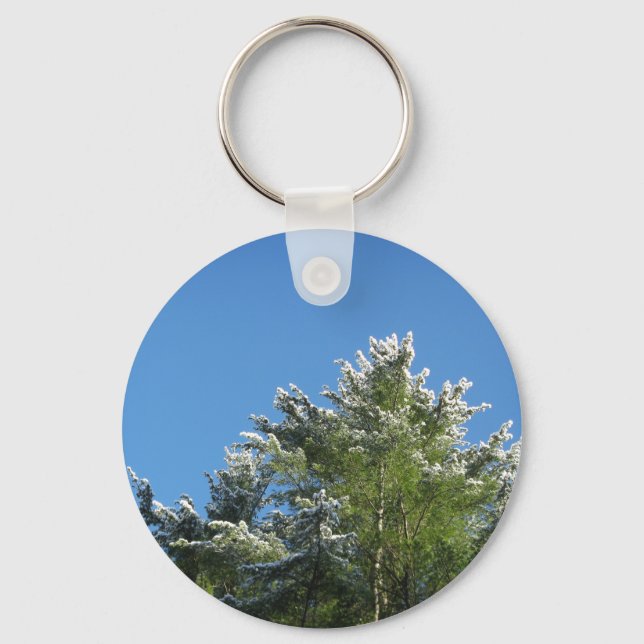 Snow-tipped Pine Tree on Blue Sky Keychain (Front)