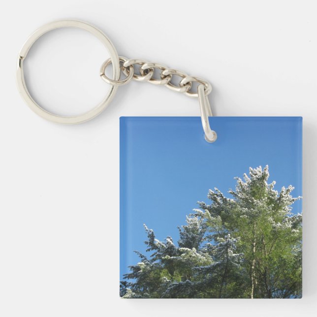 Snow-tipped Pine Tree on Blue Sky Keychain (Front)