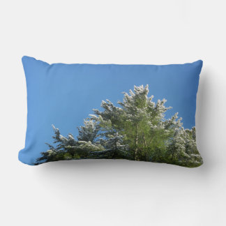 Snow-tipped Pine Tree on Blue Sky Lumbar Pillow