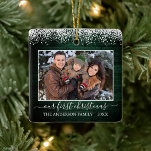 Snow Top Green Wood Our First Christmas Photo Ceramic Ornament