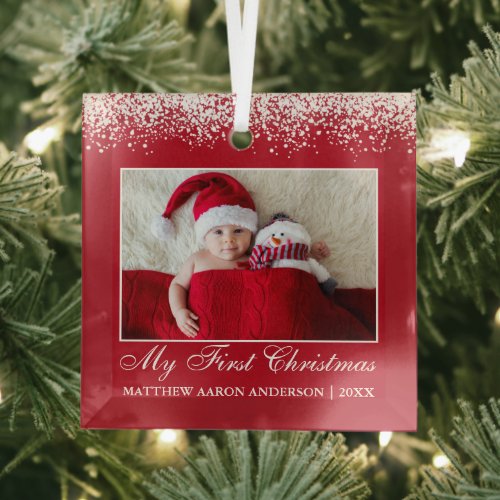 Snow Top My First Christmas Baby Photo Red Glass Ornament