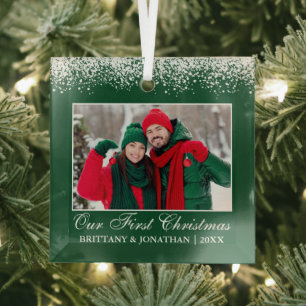 Snow Top Our First Christmas Couple Photo Green Glass Ornament