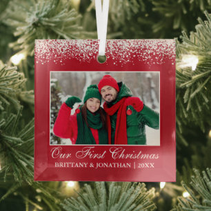 Snow Top Our First Christmas Couple Photo Red Glass Ornament