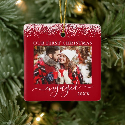 Snow Top Our First Christmas Engaged Photo Red Ceramic Ornament