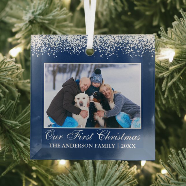 Snow Top Our First Christmas Family Photo Blue Glass Ornament (Insitu)