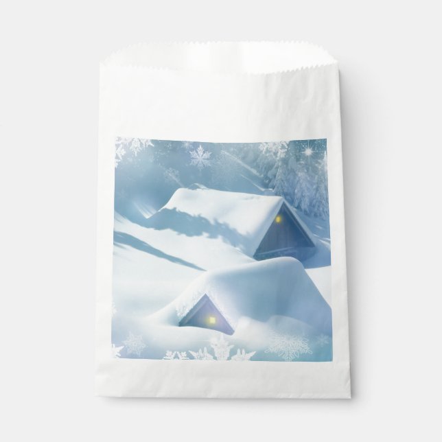 Snow topped roof in a forest favor bag (Front)
