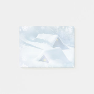 Snow topped roof in a forest post-it notes