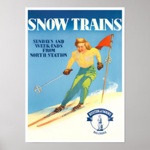 Snow Trains vintage travel poster