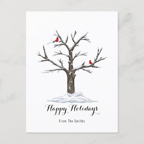 Snow Tree And Red Birds Christmas Happy Postcard