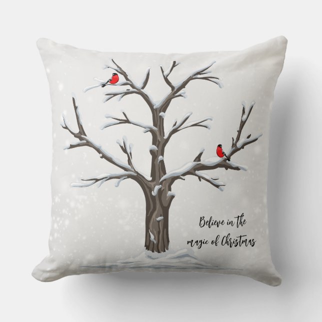Snow Tree And Red Birds Christmas Happy Throw Pillow (Front)