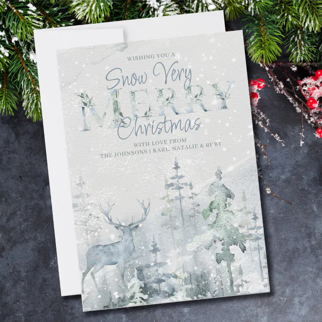 Snow Very Merry Christmas Winter Forest and Stag Holiday Card | Zazzle