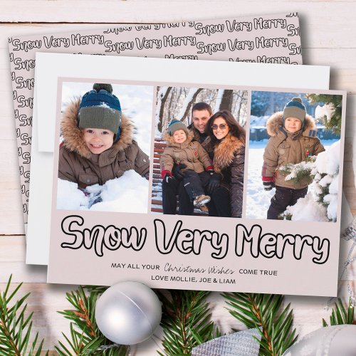 Snow Very Merry Outline Lettering 3 Vertical Photo Holiday Card