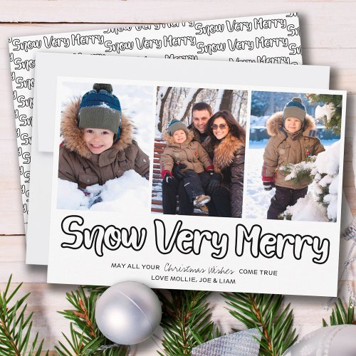 Snow Very Merry Outline Lettering 3 Vertical Photo Holiday Card