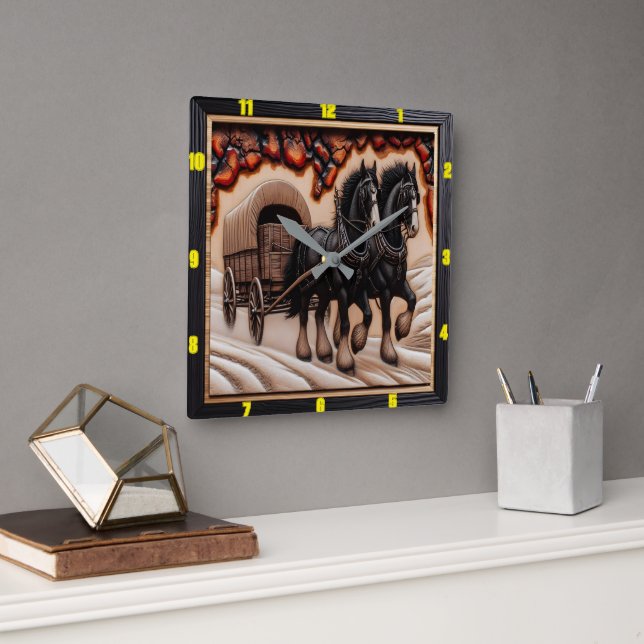 Snow Wagon: Personalized Charred Wood Clydesdale Square Wall Clock (Office)
