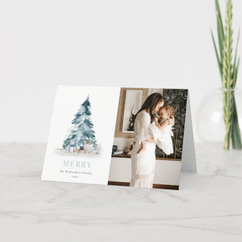Snow Watercolor Pine Christmas Tree Gift Photo Holiday Card
