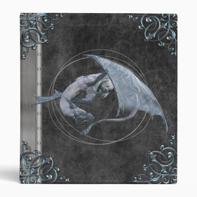 Snow White Dragon Ancient Silver Black Leather 3 Ring Binder (Front)