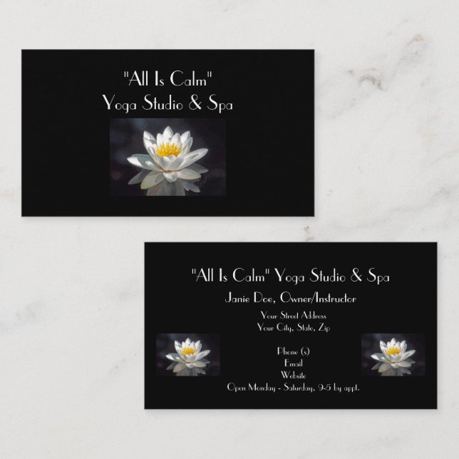 "SNOW WHITE FULLLY OPENED LOTUS BLOSSOM ON BLACK BUSINESS CARD (Front/Back)