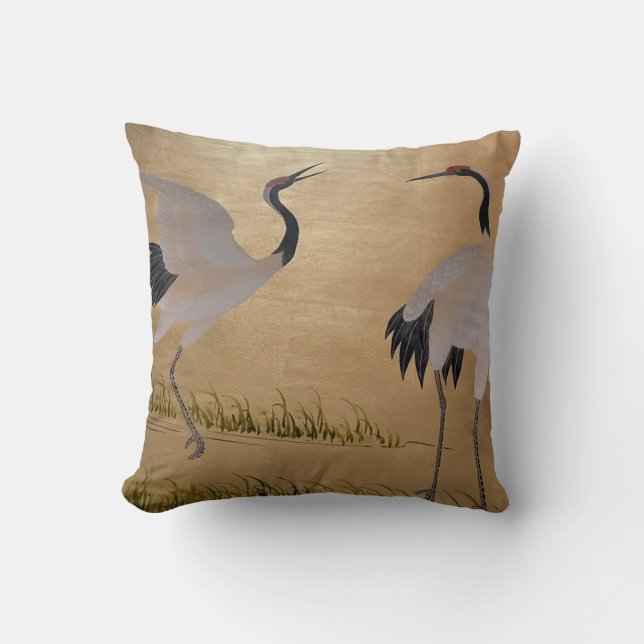 Snow White Herons on Shimmering Gold Chinoiserie Throw Pillow (Front)