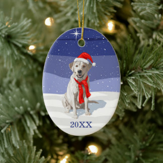 Snow White Labrador Retriever Santa Hat & Scarf Ceramic Ornament