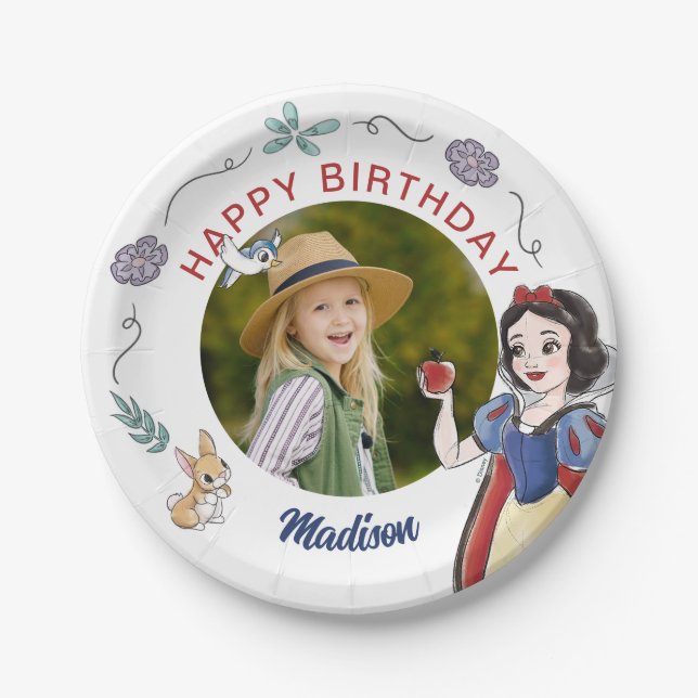 Snow White | Watercolor Birthday Photo Paper Plates (Front)