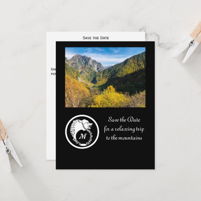 Snow White Wolf Silhouette Laurel Monogram Photo I Invitation (Front/Back In Situ)