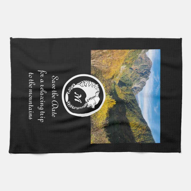 Snow White Wolf Silhouette Laurel Monogram Photo Kitchen Towel (Horizontal)