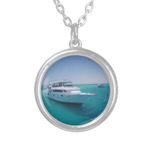Snow-white yacht near the White Island in Red Sea Silver Plated Necklace
