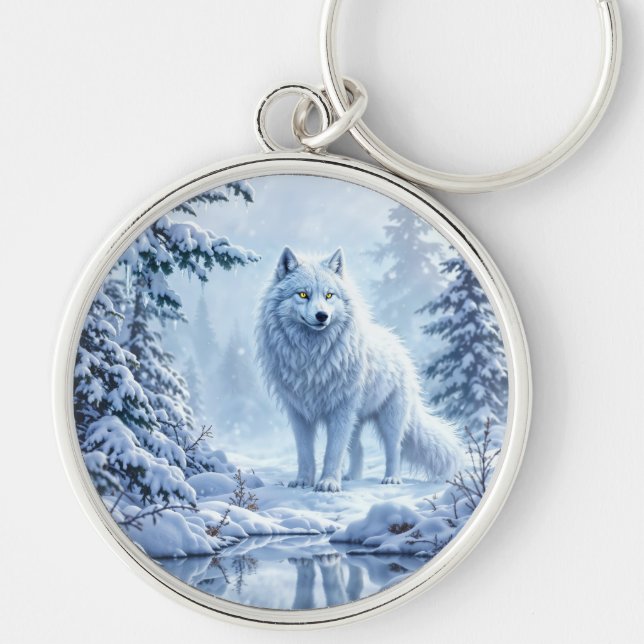 Snow wild wolf yellow neon eyes decor keychain (Front)