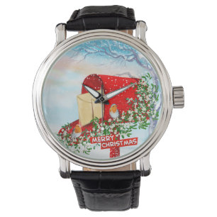 Snow Winter Christmas Birds And Red Post Box Mens Watch