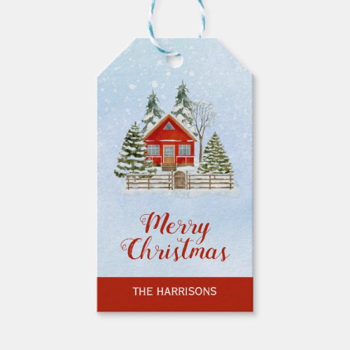 Snow Winter Cottage Fir Trees Christmas  Gift Tags