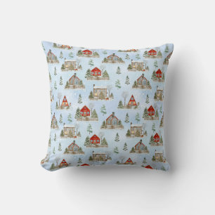 Snow Winter Cottage Fir Trees Christmas Throw Pillow