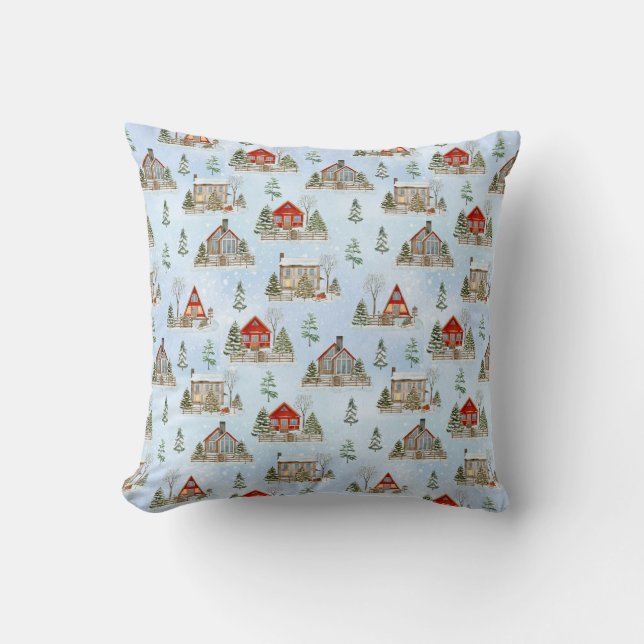 Snow Winter Cottage Fir Trees Christmas  Throw Pillow (Front)