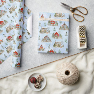 Snow Winter Cottage Fir Trees Christmas Wrapping Paper