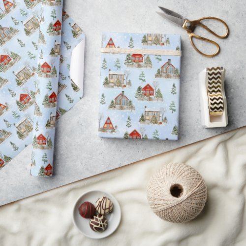 Snow Winter Cottage Fir Trees Christmas  Wrapping Paper