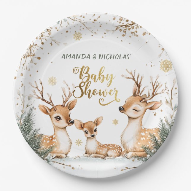 Snow Winter Deer Baby Shower Paper Plates (Front)