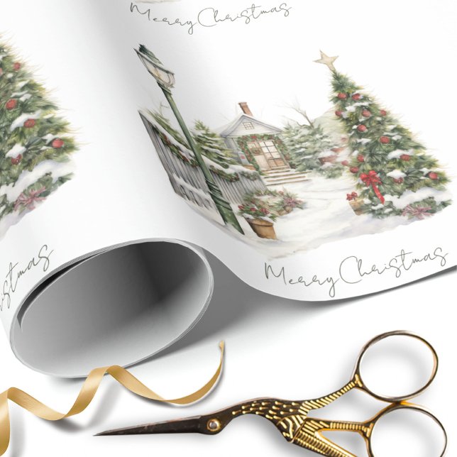 Snow Winter Farm Watercolor Pine Christmas Tree Wrapping Paper (Creator Uploaded)
