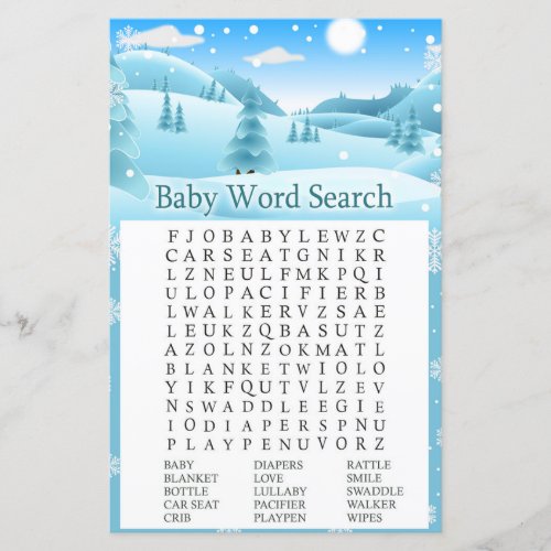Snow Winter Forest Baby Shower Word Search Game