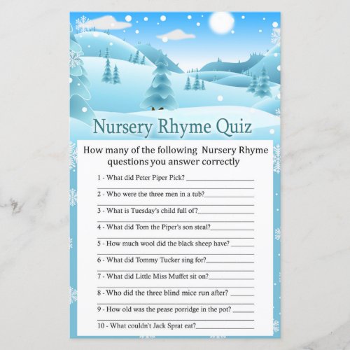 Snow Winter Forest Nursery Rhyme Quiz baby shower