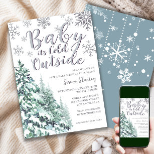 Snow Winter Forest Watercolor Gray Baby Shower Invitation